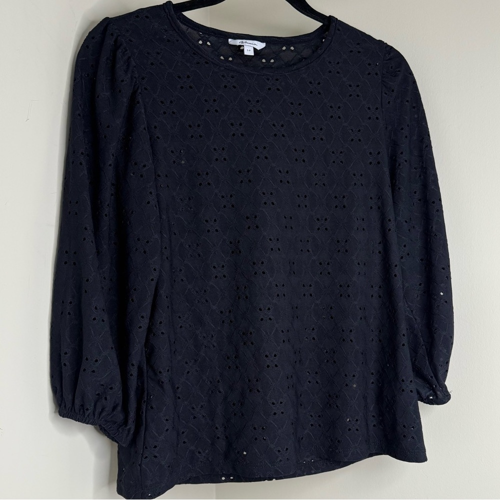 Black Eyelet Blouse – Feminine Cottagecore Top 3/4 Bishop Sleeves, Size Small